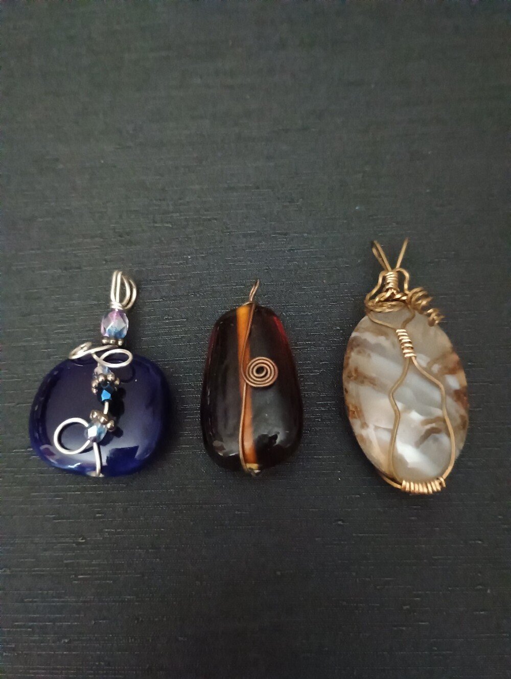Handmade Blue, Brown, and Cream Wire-Wrapped Stone Pendant Trio